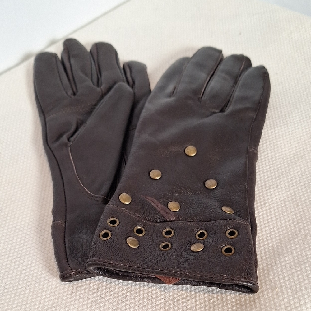 Chocolate Brown Leather Gloves with Brass Studded Accents